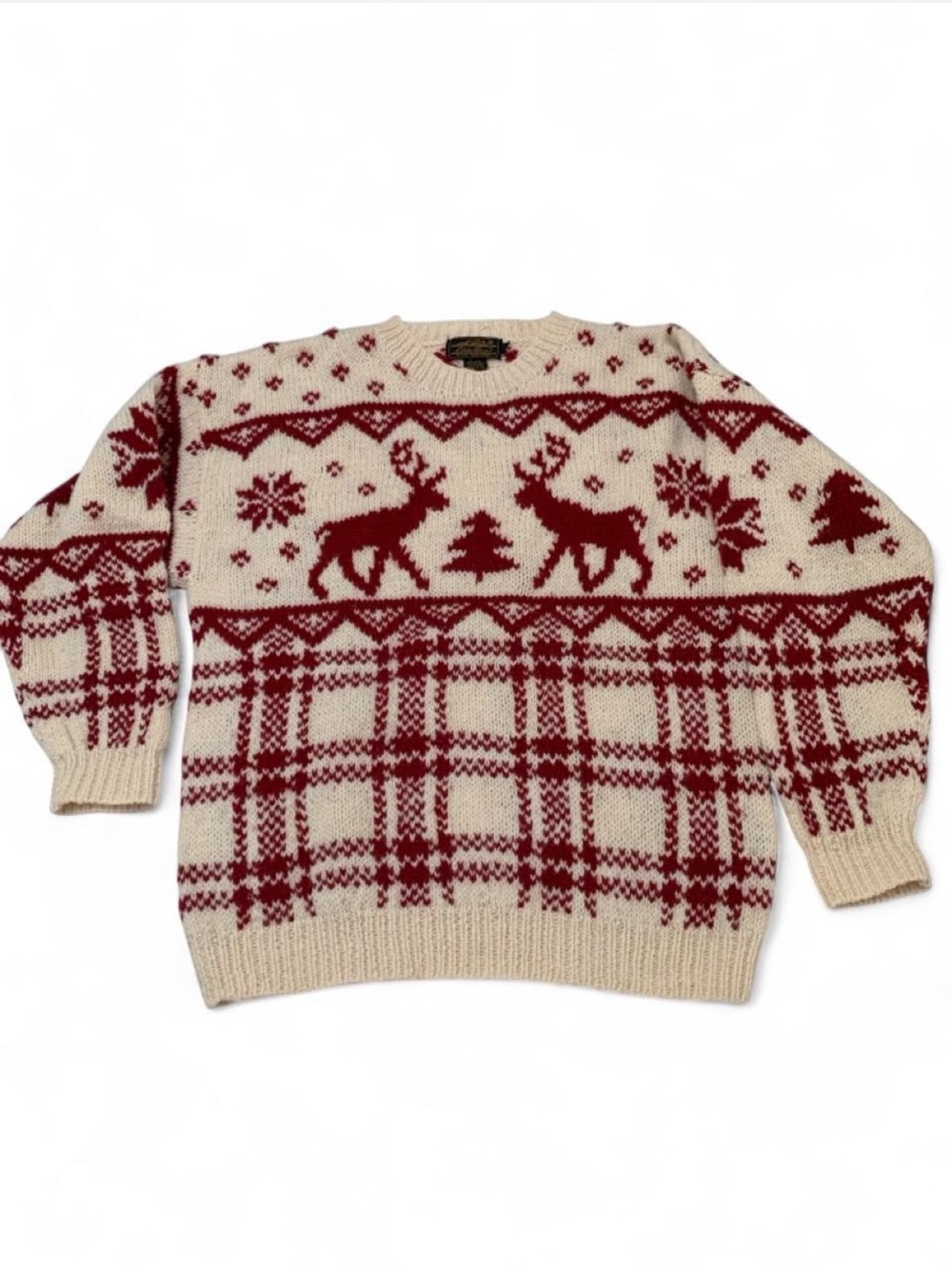Eddie Bauer Vintage 100% Wool Cream and Red Reindeer Snowflakes Men’s Sweater M